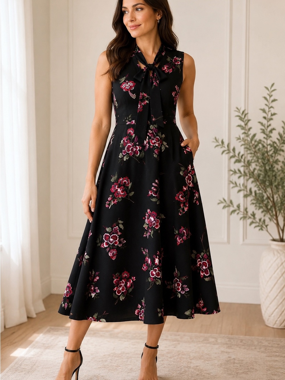 Ann Taylor Black Midi Dress with Pink Floral Print and Tie Neck